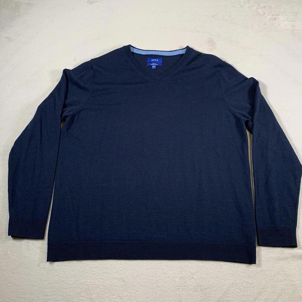 APT 9 Sweater Mens XL VNeck Blue Merino Wool Acrylic Blend‎ Pullover Preppy Slim